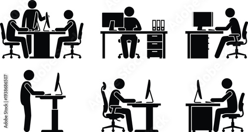 Professional office worker silhouette set featuring male and female employees sitting at desks using computers collaborating and standing at ergonomic workstation for productivity