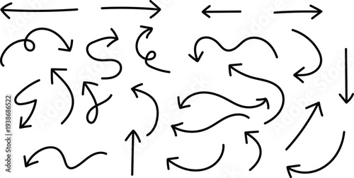 A collection of hand drawn arrows in various directions and styles on a white background