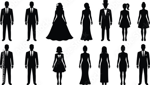 Professional silhouette set featuring elegant wedding dresses formal suits and tuxedos for bridal celebrations high fashion events black tie galas and luxury weddings