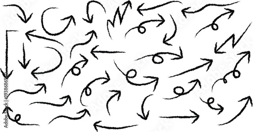 A complex arrangement of black arrows on a white background pointing in various directions