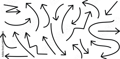 A complex arrangement of arrows pointing in various directions on a white background