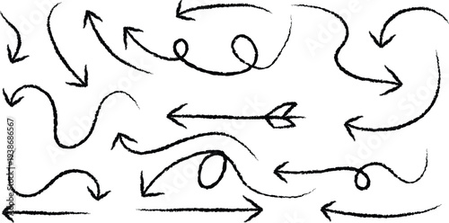 A collection of hand drawn arrows in various directions and styles on a white background