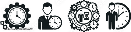 Time management and business productivity icons featuring silhouette professionals with clock faces gears and hourglass symbols for efficient workflow optimization and corporate scheduling