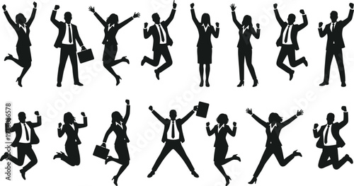 Successful business professional silhouette set featuring male and female executives jumping and celebrating victory for corporate achievement career growth motivation and reaching goals