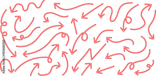 A complex pattern of red arrows on a white background showcasing various directions and movements in a seemingly chaotic yet organized design