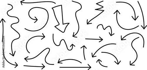 A collection of hand drawn arrows in various directions and styles on a white background
