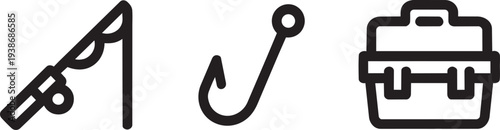 Fishing rod hook and tackle box icons for angling hobby