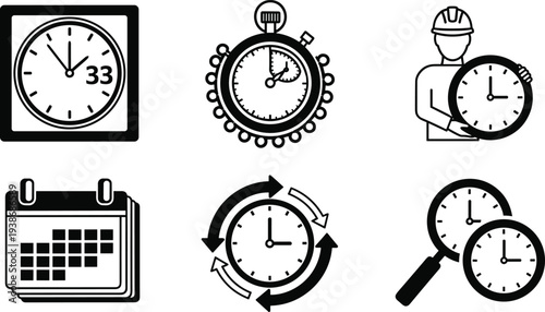 Time management icon set featuring wall clock stopwatch professional scheduling calendar symbols for deadline tracking business productivity performance monitoring and efficient workflow optimization
