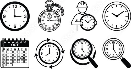 Time management icon set featuring wall clocks stopwatch calendar and magnifying glass symbols for deadline tracking business scheduling productivity and workflow efficiency