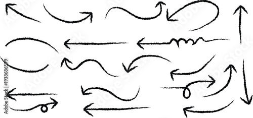 A collection of hand drawn arrows and pointers in various styles and directions for use in presentations and designs