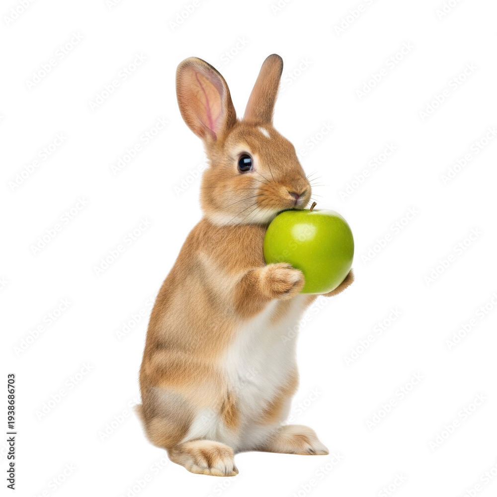 Fototapeta premium A brown rabbit holding a green apple