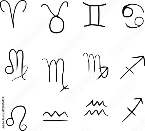Hand drawn zodiac symbols set, astrology horoscope signs collection, minimal black line celestial icons, Aries Taurus Gemini Cancer Leo Virgo Libra Scorpio Sagittarius Aquarius