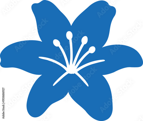 Stylized lily blossom in rich sapphire blue with white stamens on a white backdrop
