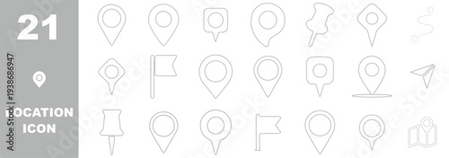 Black location pin and map marker icon set featuring navigation, GPS, contact, home, and check symbols for maps, apps, and user interface design