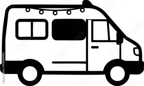 Illustration of a simple camper van with string lights on top for a road trip adventure