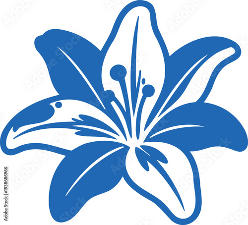 Elegant blue lily illustration with symmetrical petals and stamens on white backdrop