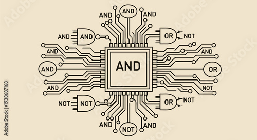 Logic Gates and Microchip Circuit Board Vector Illustration