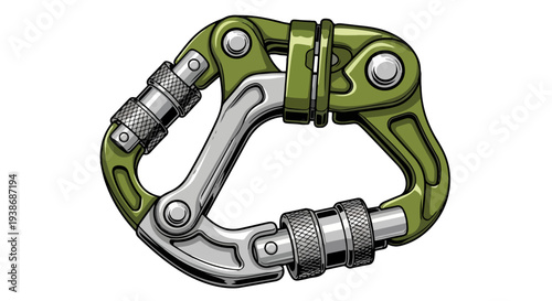 Green and Silver Climbing Carabiner Vector Illustration