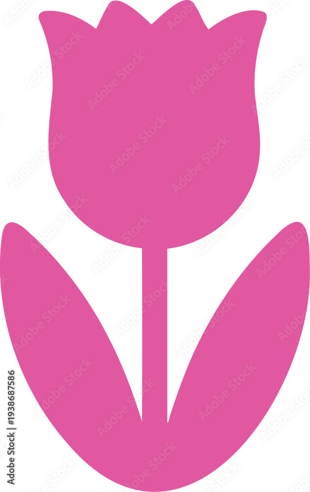 Fototapeta premium Graphic illustration of a stylized pink tulip with stem and two leaves on a white background