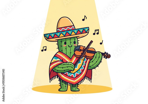 Cute cactus character playing the violin, wearing a hat and poncho. Children's illustration of a mariachi under a spotlight. Concept of Mexican music and traditional culture.