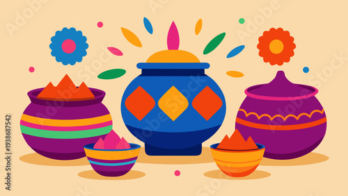 Set of 5 colorful Indian festival Holi powder pots vector