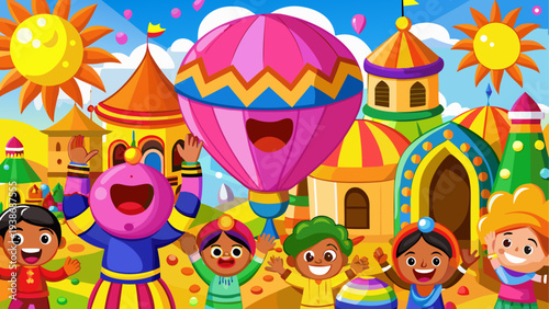 Vector illustration of diverse children celebrating with a pink hot air balloon