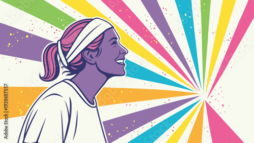 Vector illustration of woman with colorful sunburst background