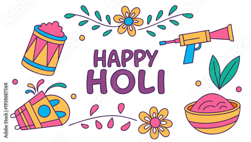 Holi festival illustration with colorful powder and water guns vector