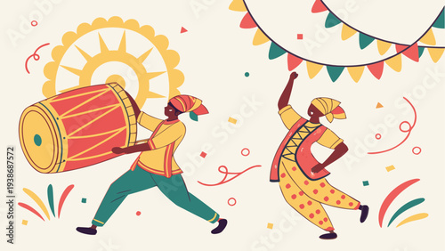 Vector illustration of two dancing men with drum and flag, colorful festival celebration