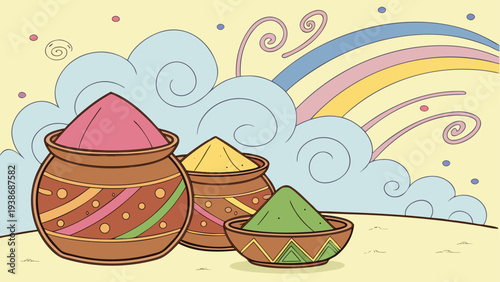 Set of colorful Holi powder in clay pots vector