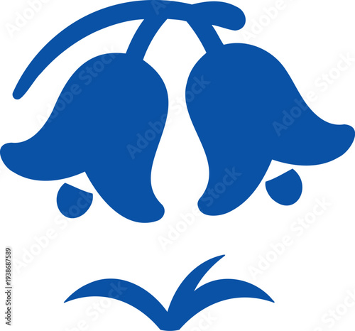 Stylized bluebell flowers are shown in a simple vector illustration with grass below