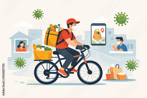 Food Delivery Courier on Bicycle Wearing Face Mask Delivering Groceries and Meals During Coronavirus COVID-19 Pandemic Outbreak, Social Distancing Concept with Mobile App Tracking and People.