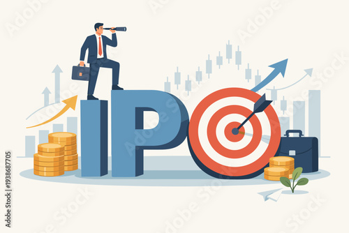 Initial Public Offering IPO concept with businessman looking through telescope for investment opportunities in stock market, financial growth, company going public, and profit achievement.
