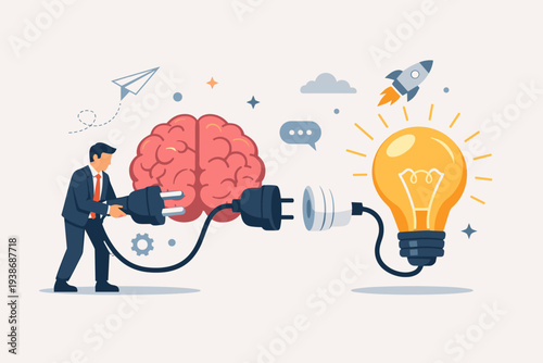 Businessman Connecting Power Plug to Human Brain and Glowing Lightbulb for Creative Idea Generation, Innovation, Brainstorming, and Business Success Concept. Flat Vector Illustration Design.