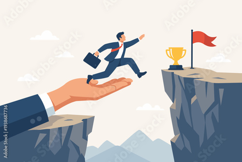 Business support and mentorship concept with a giant hand helping a businessman jump across a cliff gap to reach a gold trophy and flag, symbolizing career growth and achieving goals.