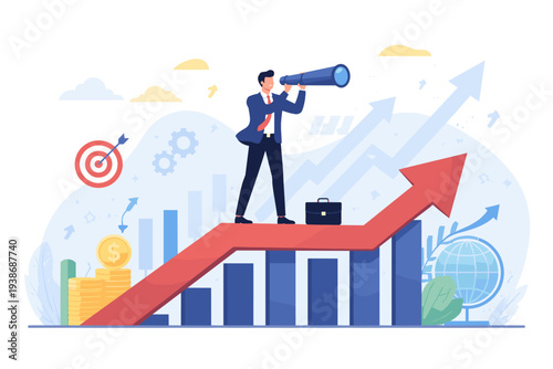 Visionary Businessman Looking Through Telescope for Future Opportunities and Market Trends on Rising Growth Arrow Graph for Financial Success, Strategic Planning, Investment, and Global Data Analysis
