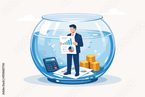 Businessman Standing in a Glass Fishbowl Holding Financial Report with Charts and Coins, Representing Business Transparency, Data Disclosure, Integrity, Accountability, and Financial Clarity.