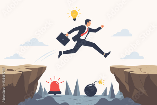 Businessman jumping over a dangerous cliff gap with obstacles like a bomb and alarm below, using a smart idea to overcome business risk, solve problems, and achieve success in flat vector style.