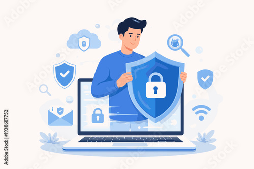 Cybersecurity and Data Protection Concept Illustration with a Man Holding a Shield with a Padlock Icon Emerging from a Laptop Screen to Protect Against Online Threats, Malware, and Cyberattacks.