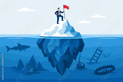 Success Iceberg Concept Illustration with Businessman Standing on Top with Red Flag while Hidden Risks like Sharks, Traps, and Obstacles Lurk Underwater Representing the True Path to Achievement.