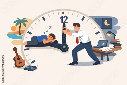 Work-life balance concept with a stressed businessman pushing a giant clock hand against time while another man sleeps, illustrating burnout, overtime, working late, and the struggle for leisure.