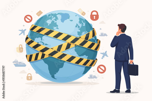 Businessman looking at a globe wrapped in yellow caution tape representing global economic sanctions, trade embargo, and international trade restrictions in a geopolitical conflict concept.