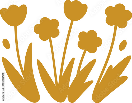 Stylized floral arrangement with tulip and bell-shaped flowers in mustard yellow tone