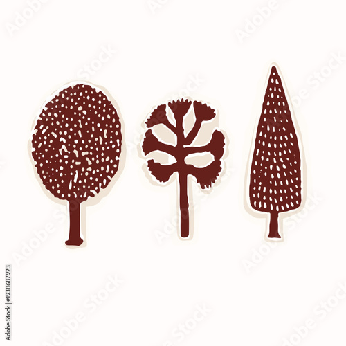 Hand drawn simple folk art style tree set illustration motif. Isolated flat vector in black and white sticker style .For minimal journaling, pretty element or nature based picture