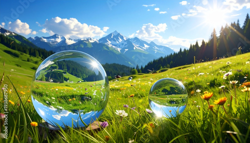 A vibrant summer landscape of green grass and flowers under a blue sky reflected in a clear glass globe to symbolize a green ecology and a clean earth environment