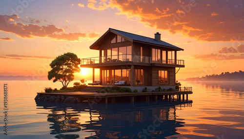 A serene tropical sunset over the lake reflects vibrant colors across the water near a luxury Maldives island resort villa and beach bungalow during a summer holiday travel vacation