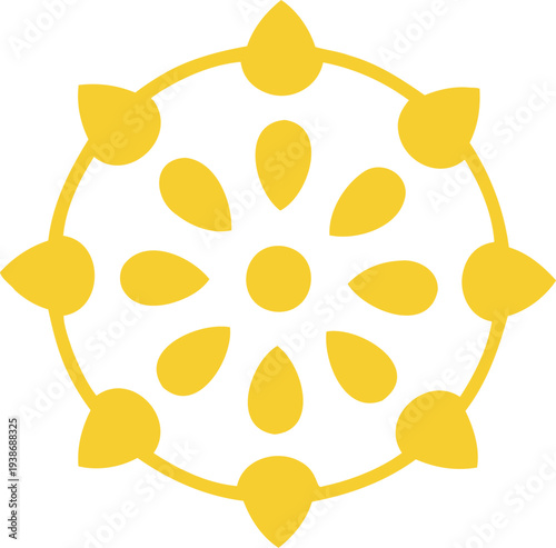 Dharma wheel shines as a symbol of buddhism in simple design on a white background