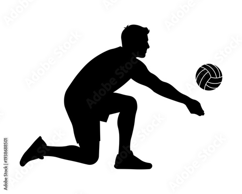 Volleyball Player Low Dig Silhouette – Defensive Save Action Vector.