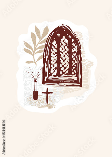 Hand drawn collage style christian cross candle greetings card. Faith design . Isolated flat vertical vector sticker shape ready to print. religious poster, church bulletin. Modern bible journaling