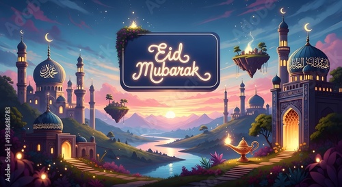 Eid Mubarak Islamic Celebration with Muslim Parents and Children, Crescent Moon and Mosque Background